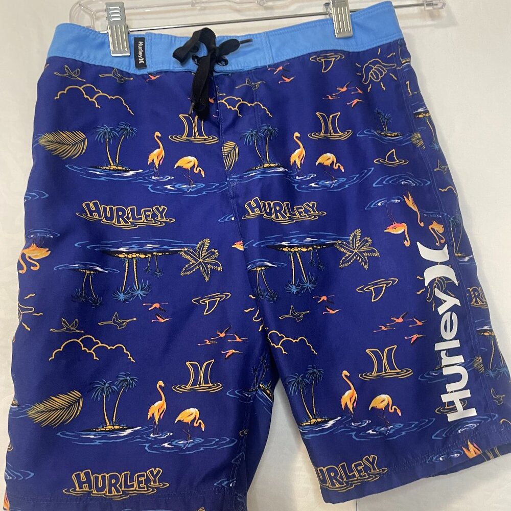 Hurley Boys 10/25 Blue Nautical Flamingo Board Shorts Swim Trunks, Size 10